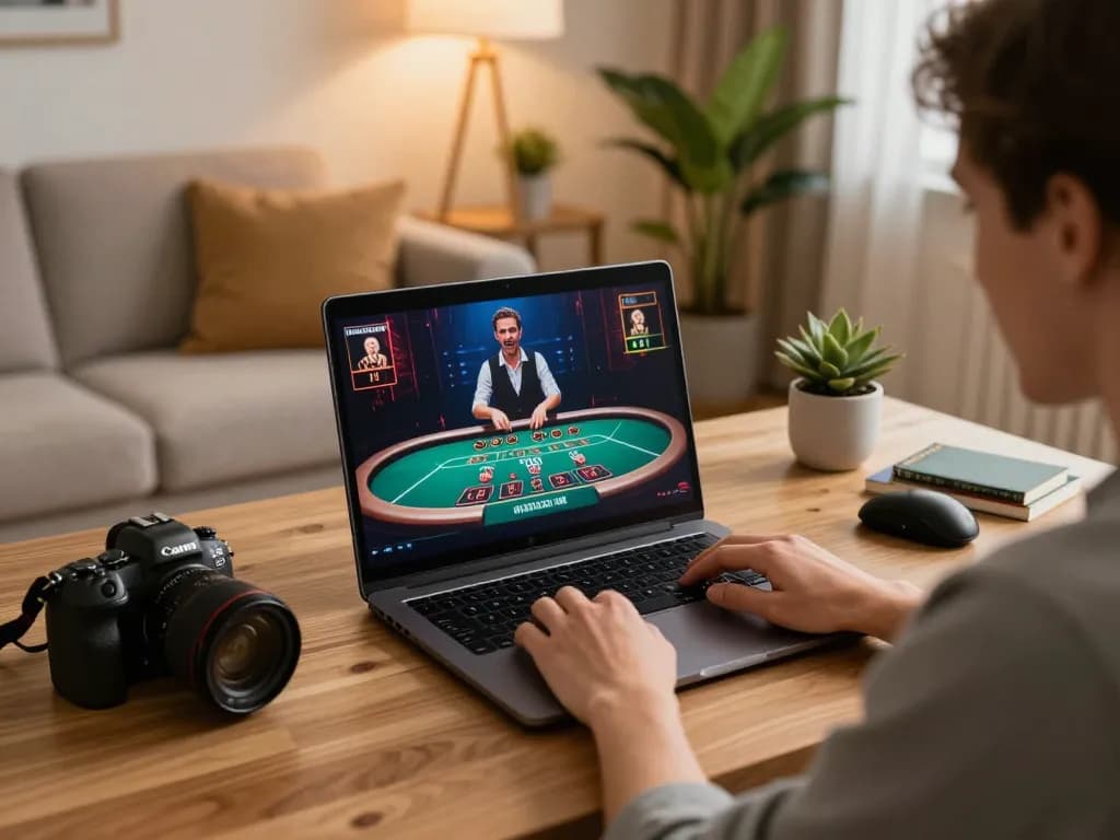 Engaging in live dealer games at fun79vip from a cozy home setup, showcasing a modern online gaming experience.