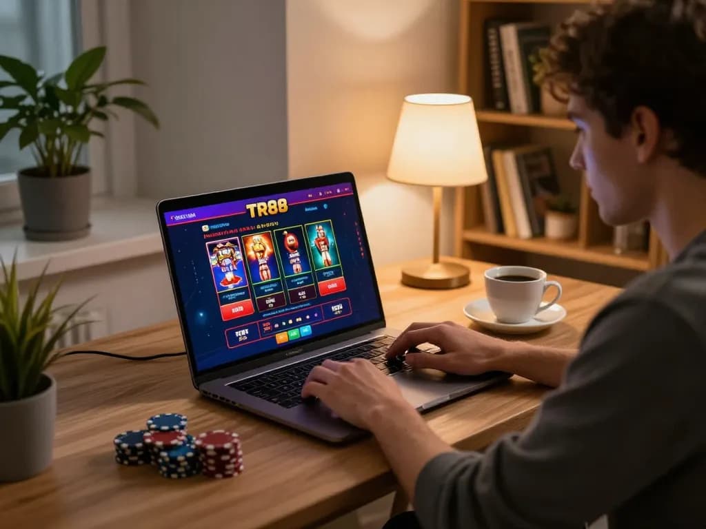Player using TR88 for online gambling with a laptop showing vibrant casino games in a cozy home setup.