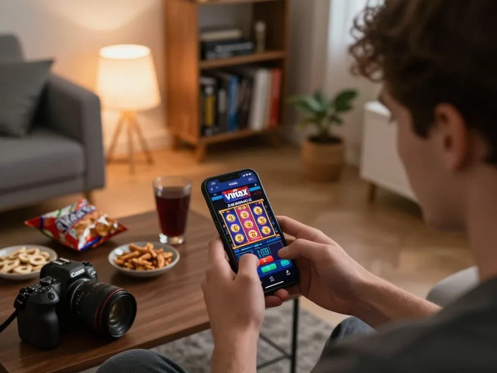 Engaging with Vmax casino app on smartphone during a cozy online gaming session with snacks and drinks.