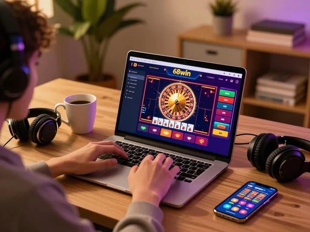 Player enjoying the 68win online casino experience at home with engaging games on a laptop.