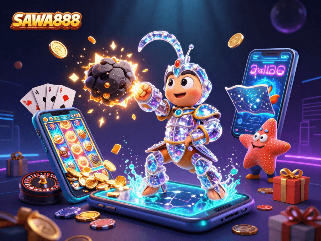 Experience exciting gameplay with SAWA888 as the galactic samurai mantis shrimp battles for golden coins amidst vibrant casino elements.