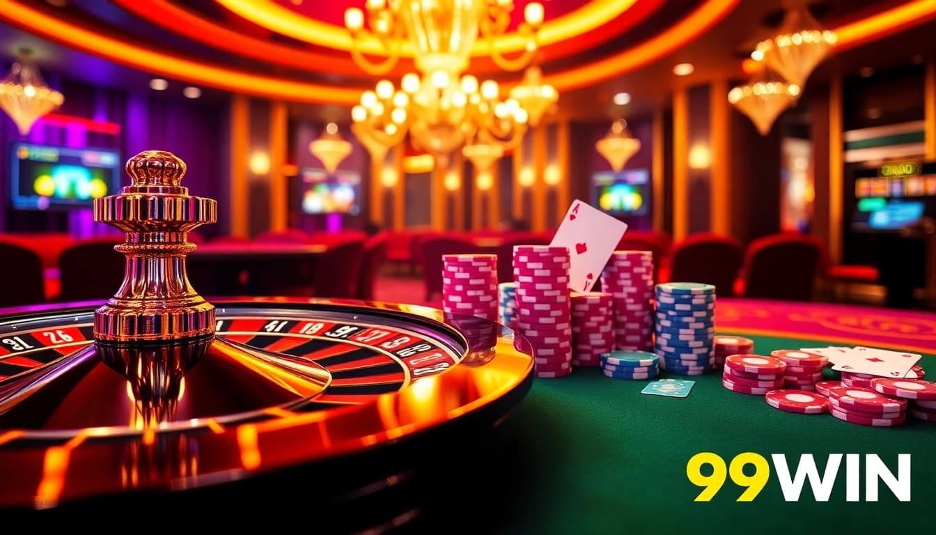 Experience the excitement of 99WIN with vibrant casino elements including poker chips and a roulette wheel.