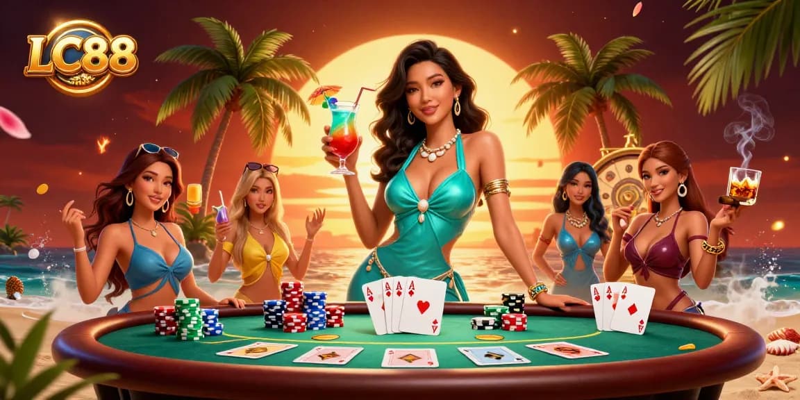 Play exciting games at LC88 casino with a gorgeous Asian host enjoying a tropical setting.