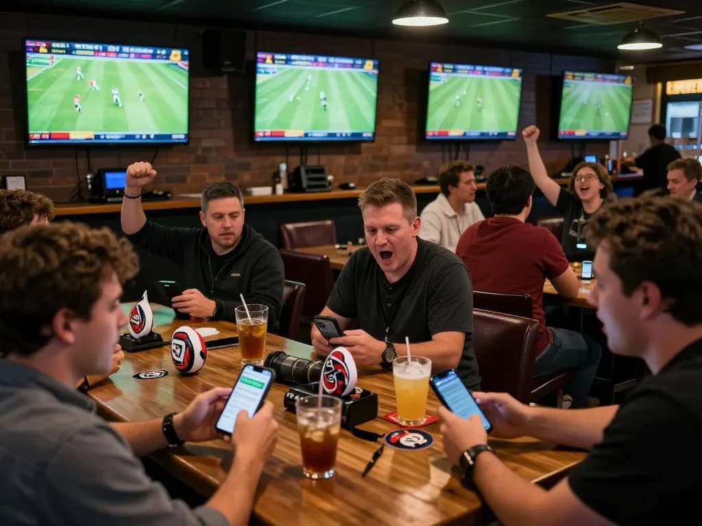 Kèo nhà cái scene showcasing enthusiastic fans engaging in sports betting at a lively sports bar.