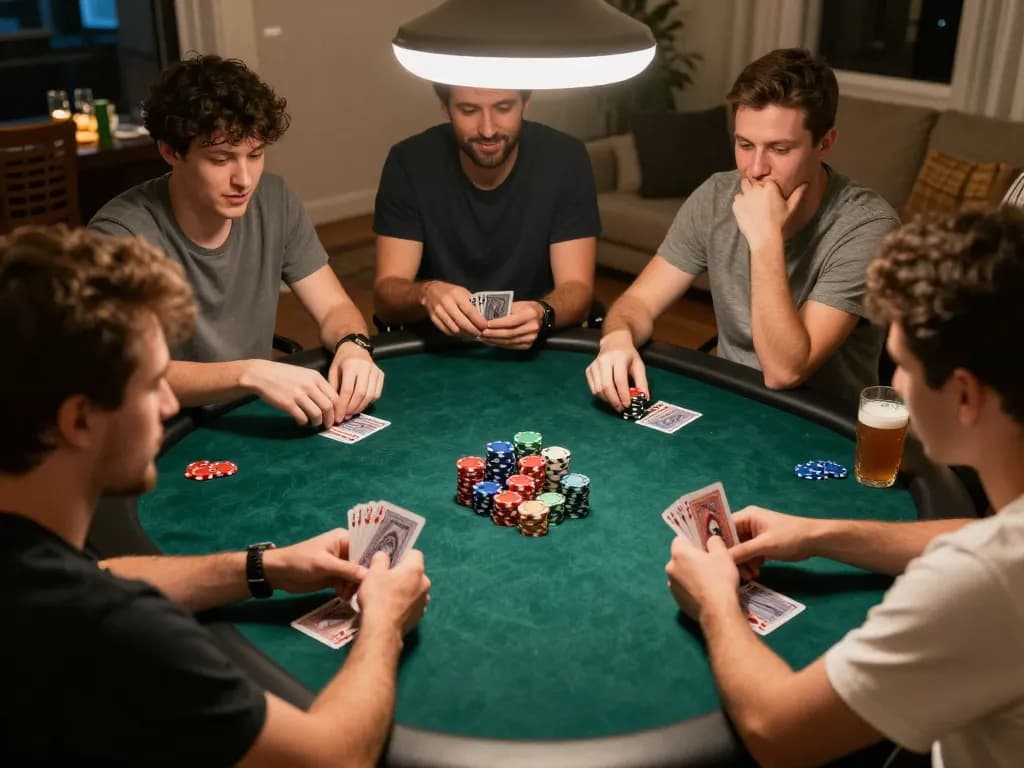hitclub68s players engaged in strategic home poker game, showcasing excitement and camaraderie