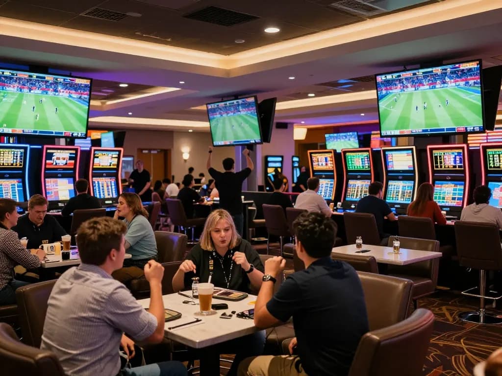 Betting strategies displayed in 99wincasino's lively sports lounge with fans engaged in game action