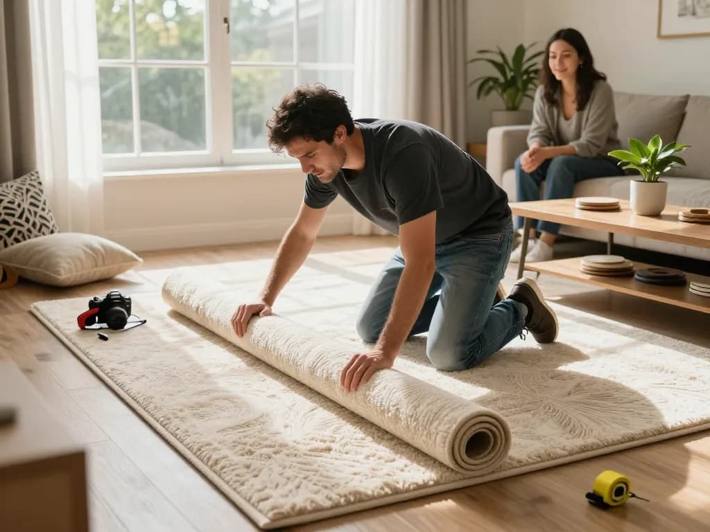 Residential carpet installation in a warm living room, showcasing the meticulous laying of plush carpet
