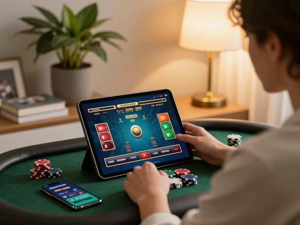 Experience the thrill of online gambling with nhà cái mm88 on a tablet, surrounded by a cozy atmosphere.