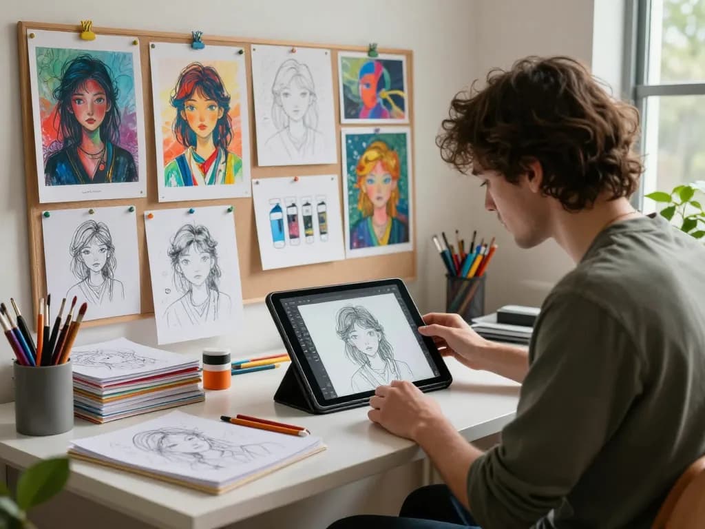 An artist using an image prompt tool on a tablet surrounded by colorful art supplies.