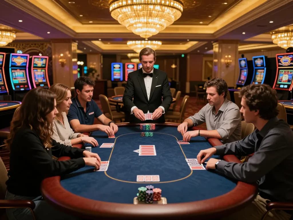 Players strategizing at KJCTop's exclusive poker table in an upscale casino setting.