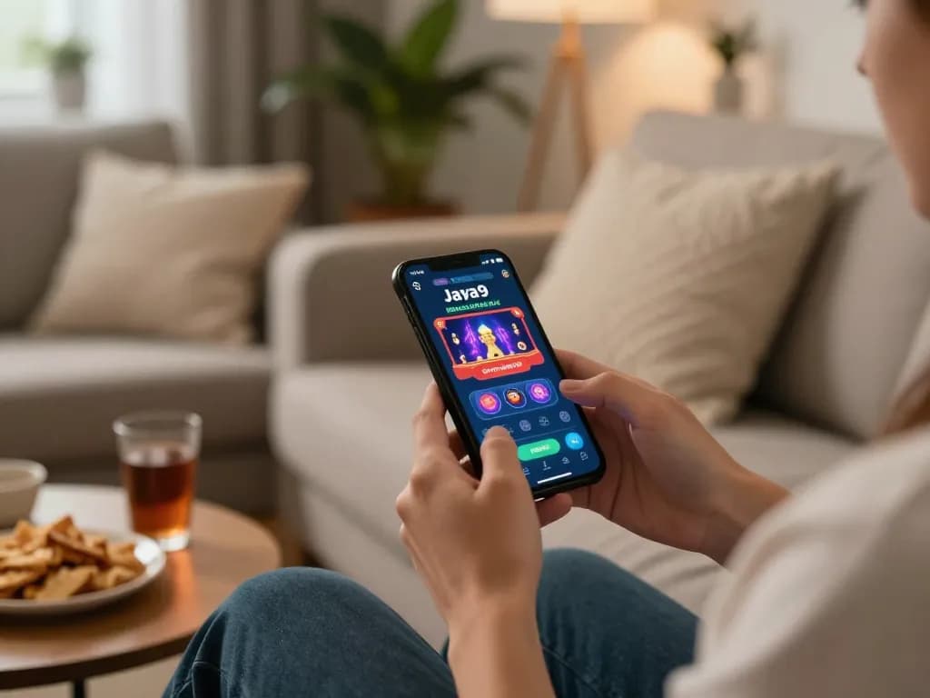 Experience dynamic gameplay with the Jaya9 App on smartphone in a cozy home setting.