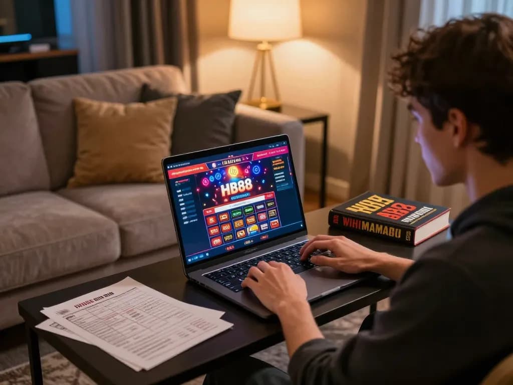 Player engaging with HB88 online casino interface on laptop, showcasing a strategic home gaming setup.