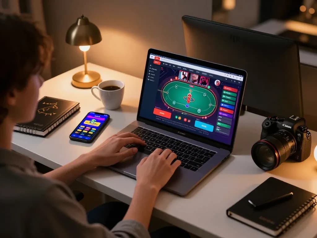 Engaged in responsible gaming, a player explores game đổi thưởng uy tín on a laptop amid a cozy home setup