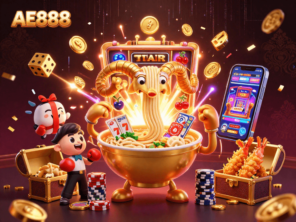 Experience AE888's vibrant casino environment featuring dynamic games and characters in a fun 3D scene.