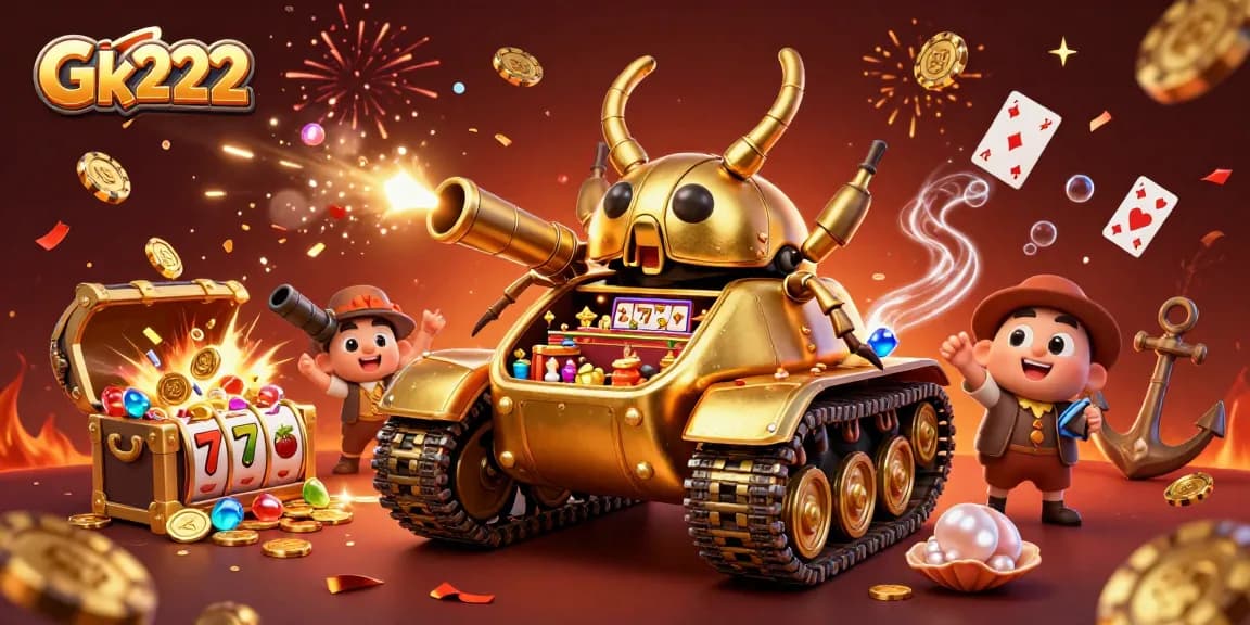 Engage with Gk222's vibrant casino scene featuring a golden beetle tank and exciting slot machines.