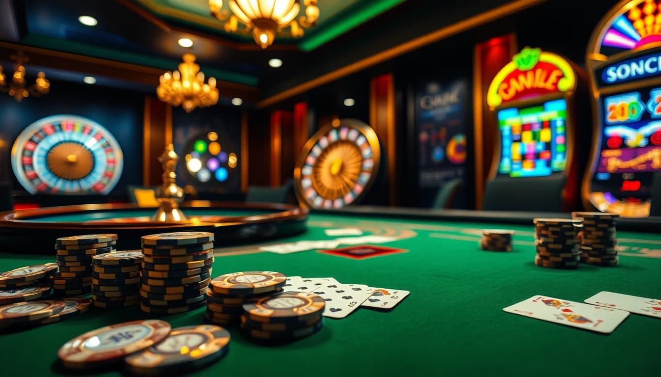 Experience the excitement of gambling at https://s8esra.com/ with a sophisticated casino scene featuring elegant gaming tables and vibrant slot machines.