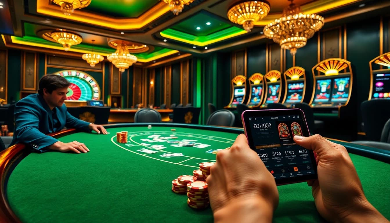 S8 players engaging intensely at a luxurious poker table in a vibrant casino setting.