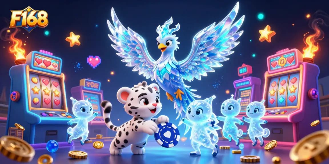 Engage with F168's vibrant 3D casino scene featuring an ice phoenix and glowing sprites amidst thrilling gaming elements.