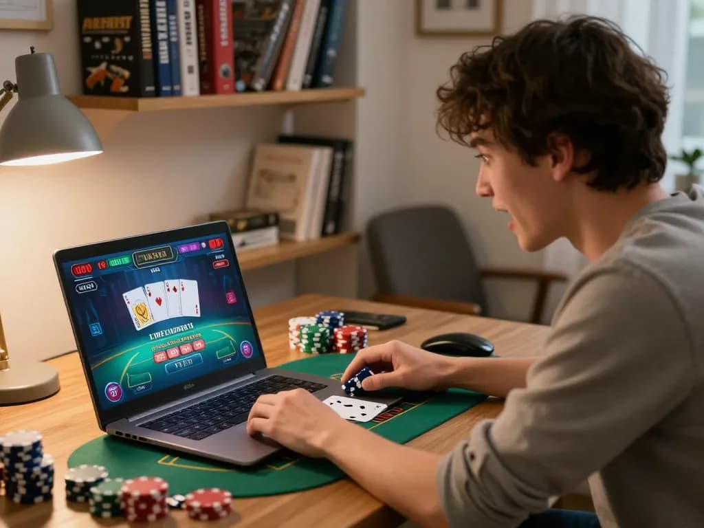 Player engaging with f8bet com live blackjack game on a laptop in cozy home setting