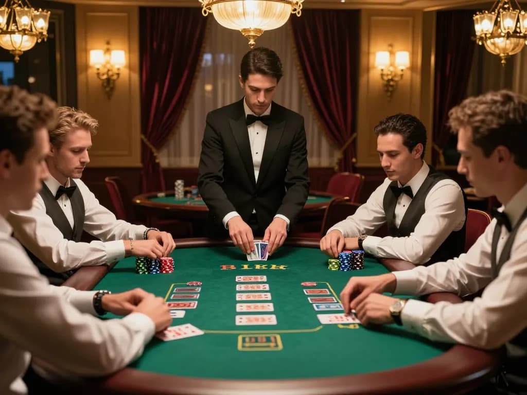 Engaging blackjack game scene showcasing điều khoản điều kiện 789win gameplay strategy with focused players and elegant decor.