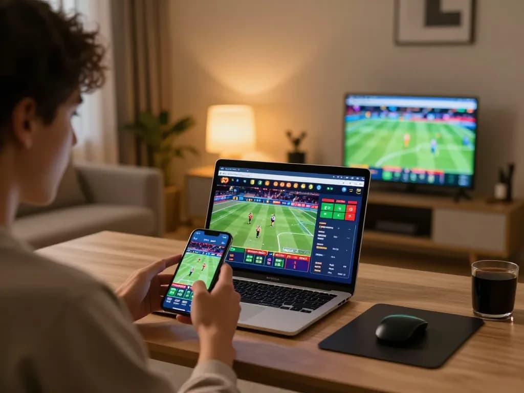 BONG88 sports betting scene showing user engaged in online wagering with smartphone and laptop in a modern setting