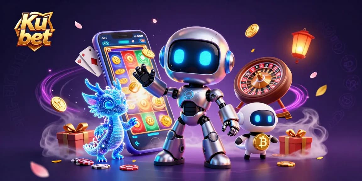 Experience thrilling gaming action at Ku bet with animated robot mascot and casino elements.