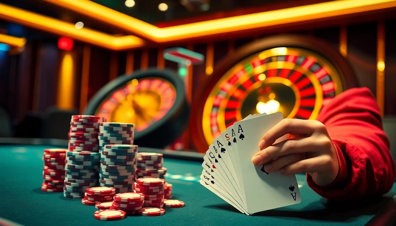 Zbet có uy tín không - Players enjoying high-stakes poker surrounded by chips and a roulette wheel.
