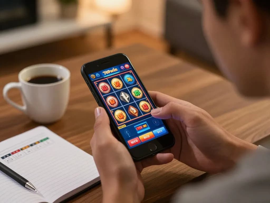 Engaged player enjoying a 789win game on their smartphone in a cozy, stylish home setting