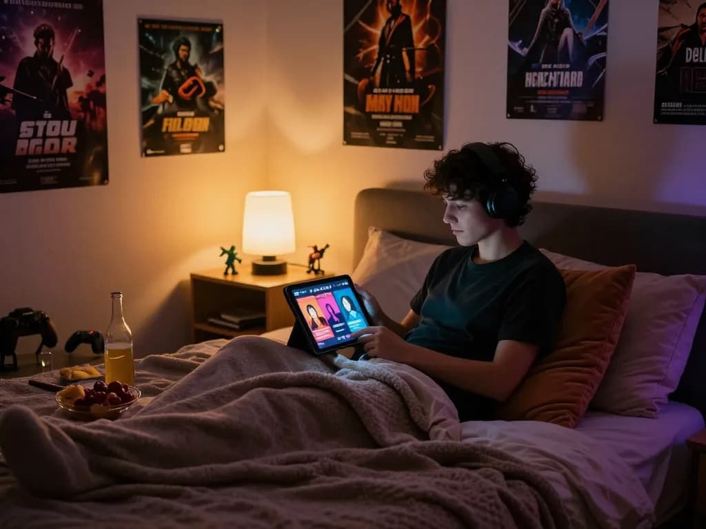 Cozy bedroom scene showcasing a person engaging in free porn games on a tablet with warm ambient lighting.