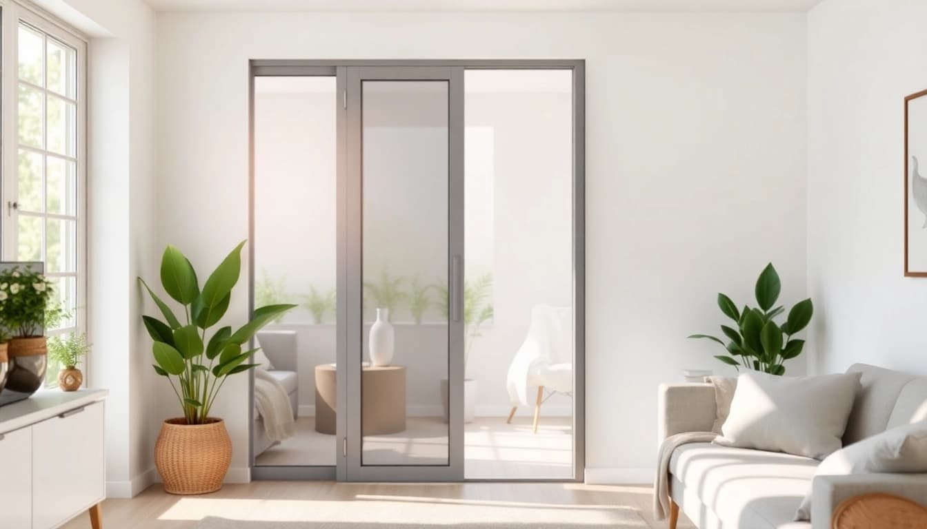 View of a fly screen door installed in a stylish home, emphasizing its role in keeping out insects.