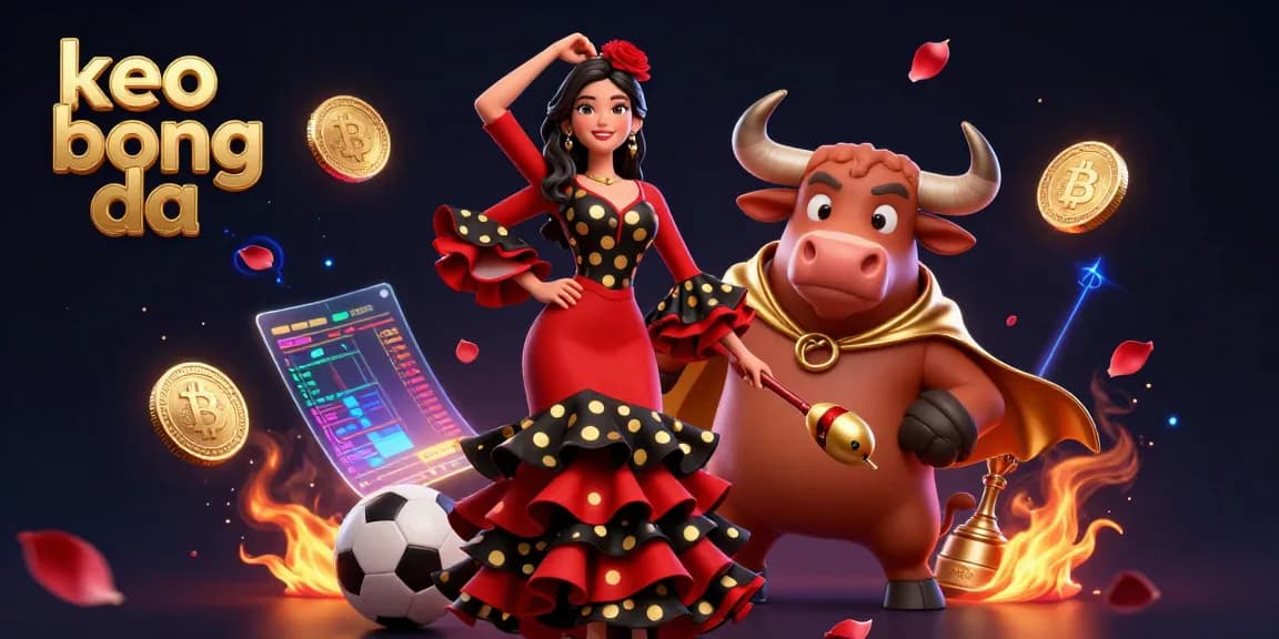 Engage with keo bong da sports betting excitement featuring dynamic characters and glowing cryptocurrency coins.