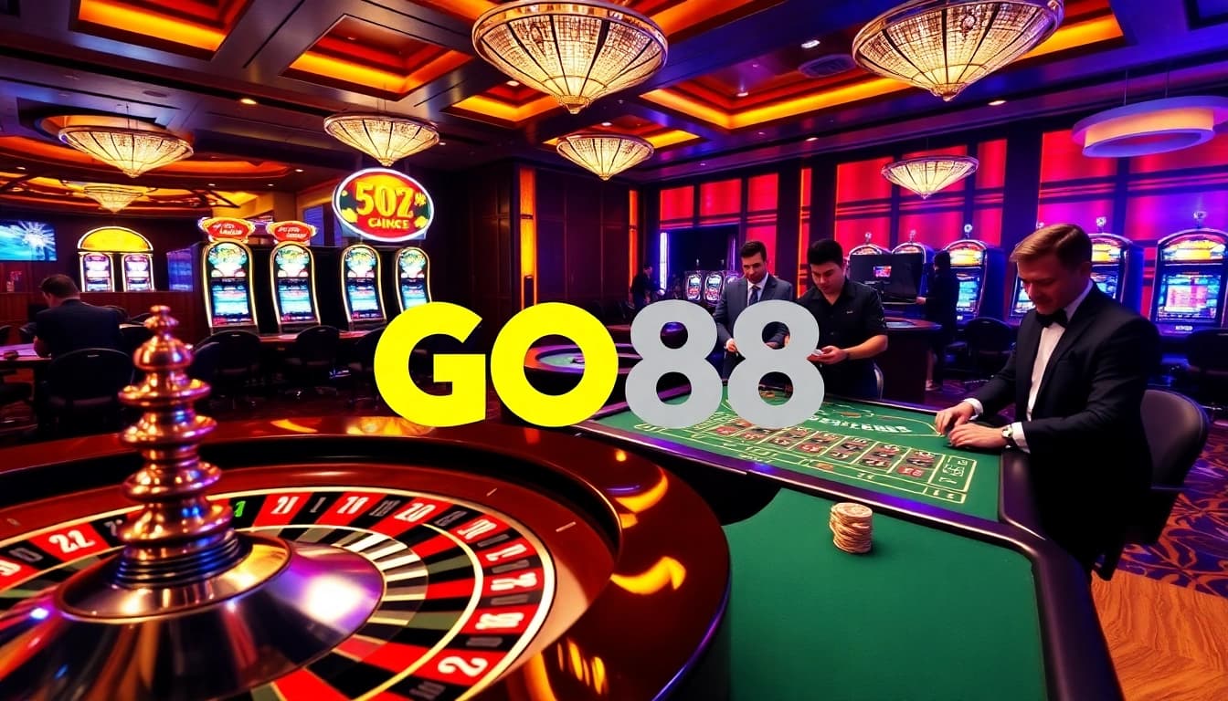 Players enjoying an exciting game at the GO88 casino with vibrant atmosphere and colorful slot machines.