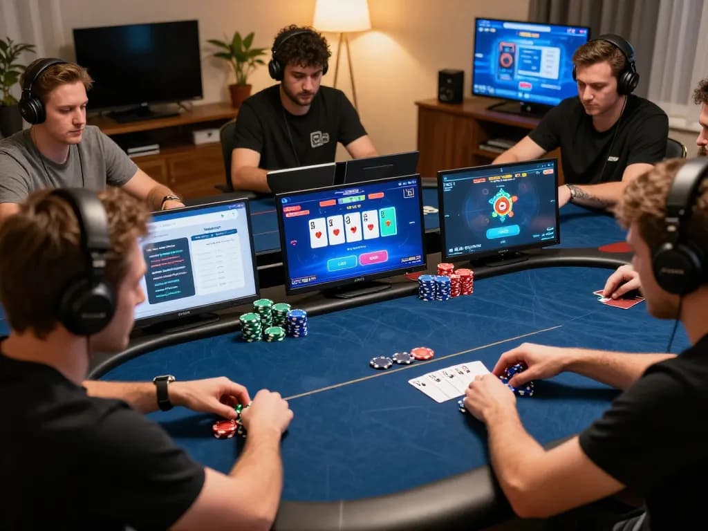 Players engaging in an online poker game at home, showcasing Okfun's exciting gaming platform.