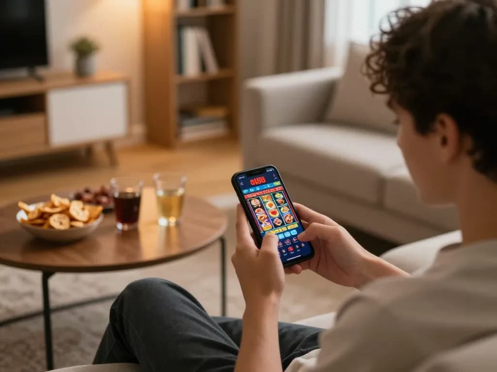 Engaging moment of a player enjoying open88 com casino app on smartphone in a cozy living room.