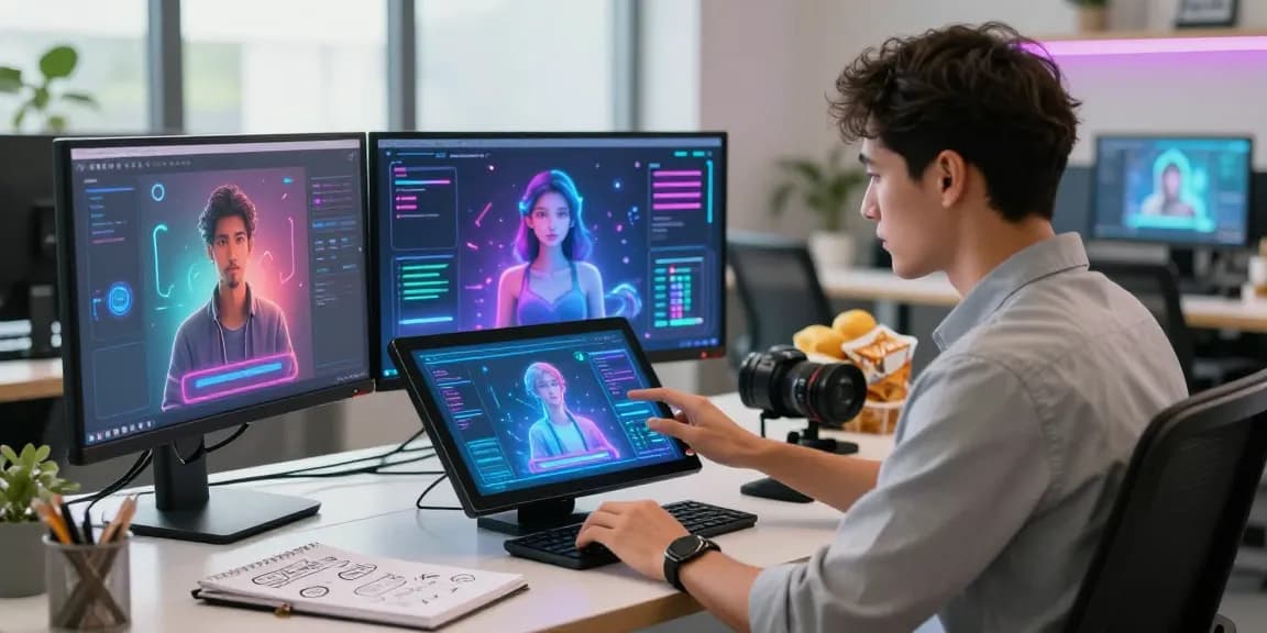 Engaging with an NSFW AI virtual assistant in a modern tech workspace filled with holographic interfaces and digital interactions.