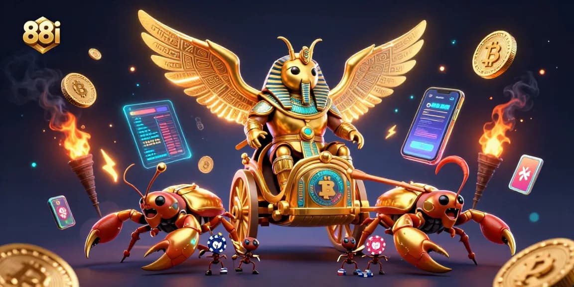 Experience the thrilling features of 88i with a dynamic scene showcasing golden scarabs and crypto coins.