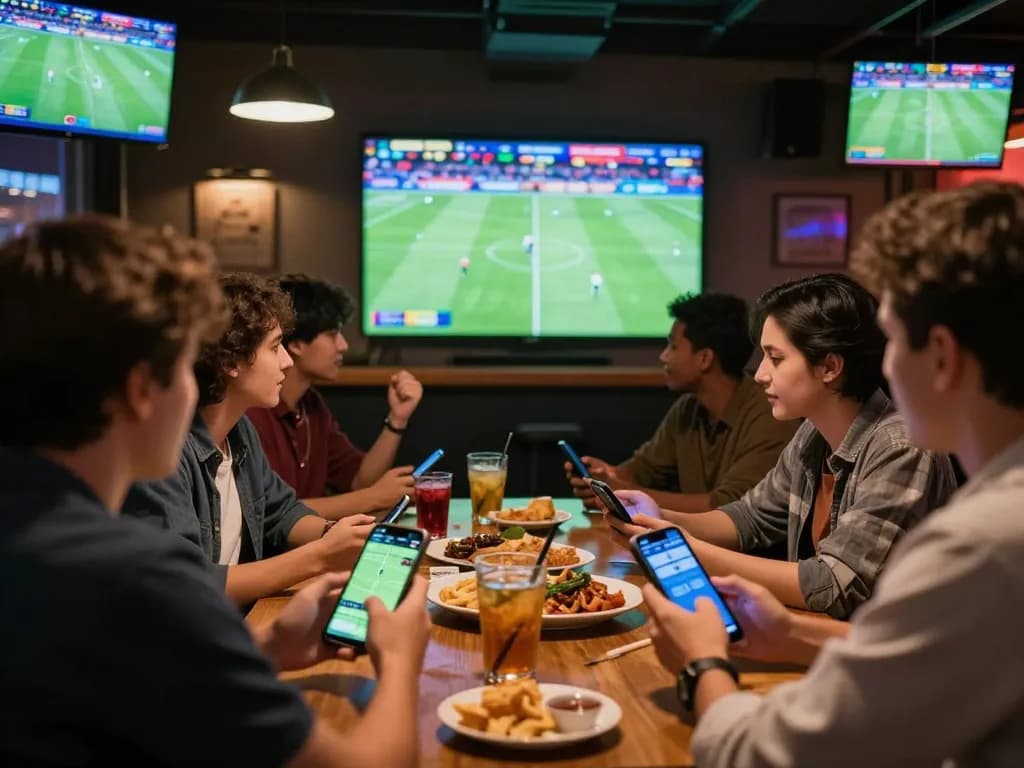Friends engaging in sports betting with KQBD app while watching live soccer match