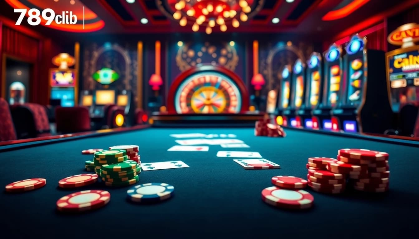 Experience the thrill of 789club with vibrant casino visuals depicting gaming tables, slots, and exciting action.