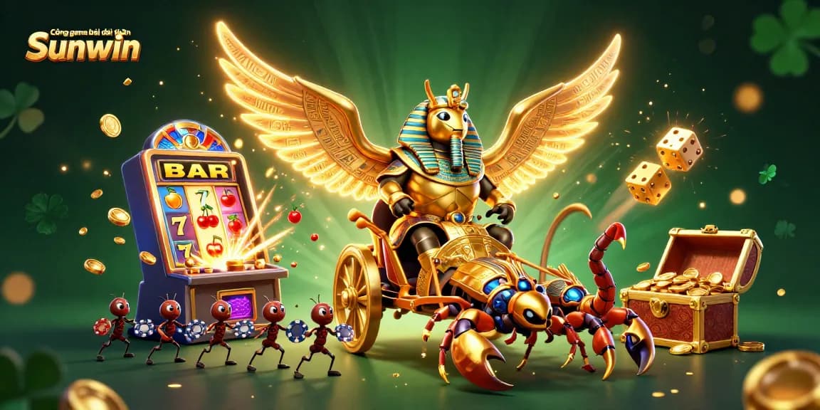 Cổng game bài đổi thưởng Sunwin showcases a vibrant 3D casino scene bursting with excitement from games and riches.