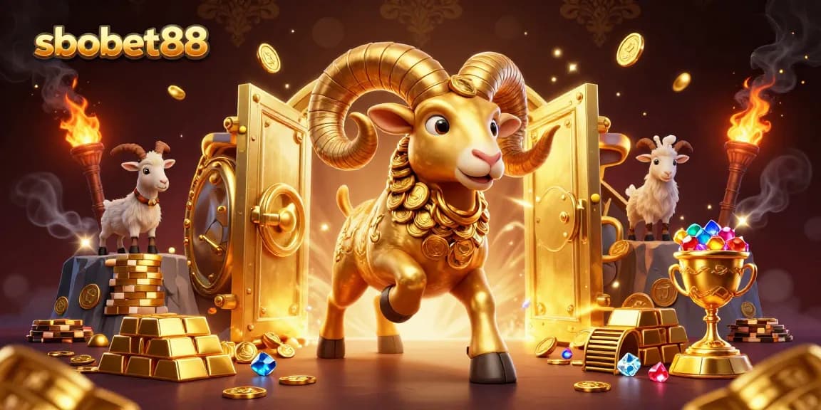 sbobet88 showcases a golden ram charging through a treasure vault, symbolizing winning opportunities in sports betting.