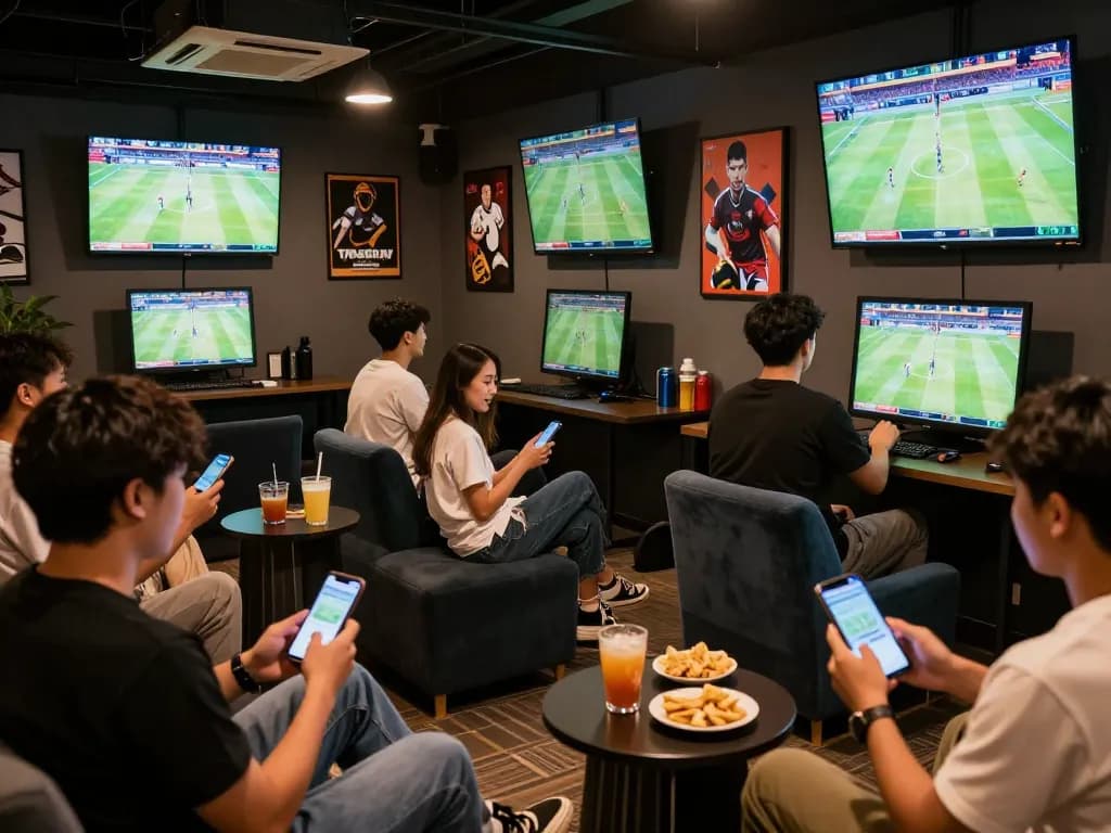 Patrons actively betting on Fabet with smartphones in a lively sports lounge atmosphere.