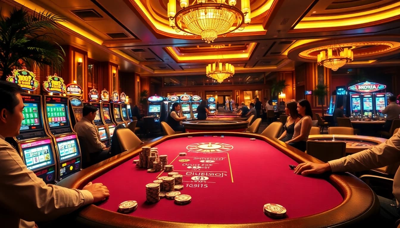 Nohu-themed casino scene with poker tables, slot machines, and vibrant decor.