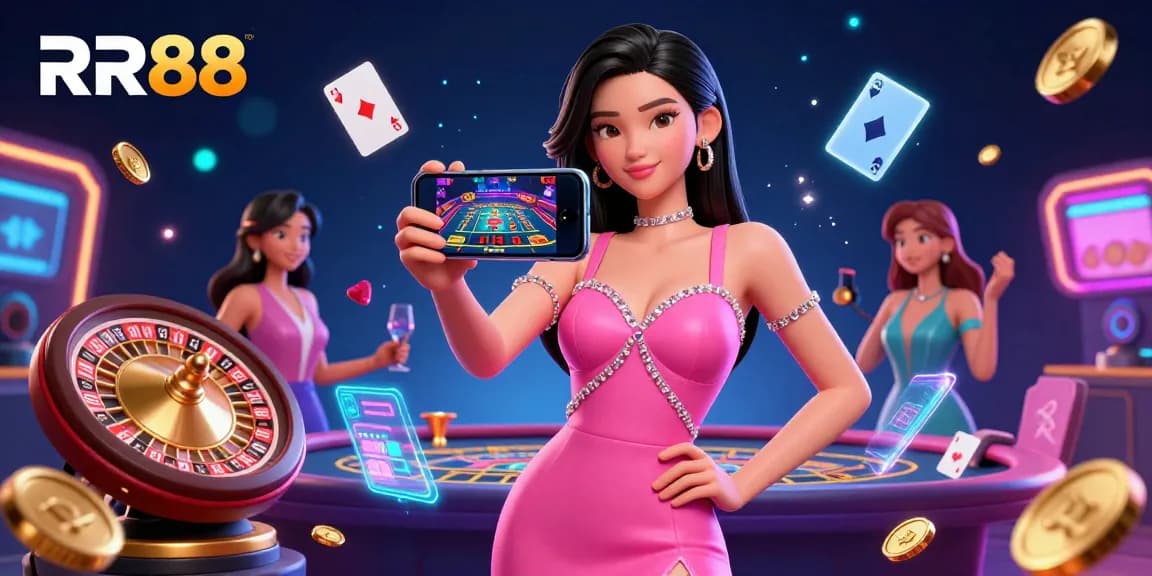 Experience the excitement of RR88 with a stunning Asian woman engaged in a live dealer casino game, surrounded by vibrant casino elements.