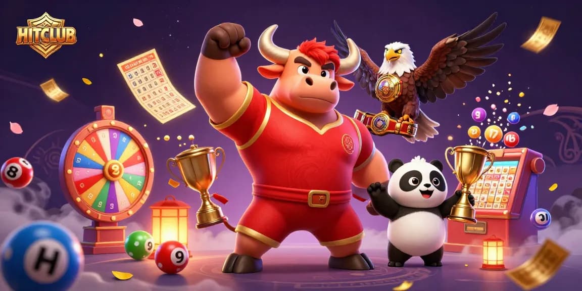 Experience the excitement of HITCLUB with vibrant lottery balls, dynamic characters, and interactive casino elements.