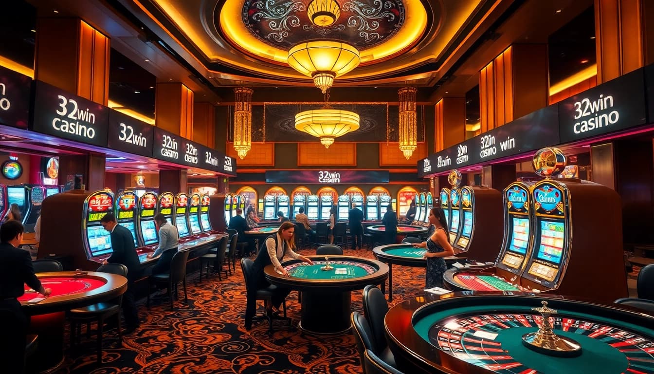 Experience the thrill of winning at 32win's glamorous casino tables with vibrant lights and dynamic action.