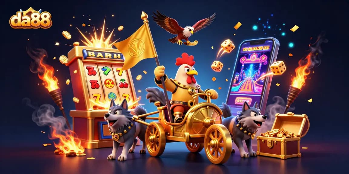Experience thrilling wins at da88 with a vibrant 3D illustration of a rooster warlord leading a casino adventure.