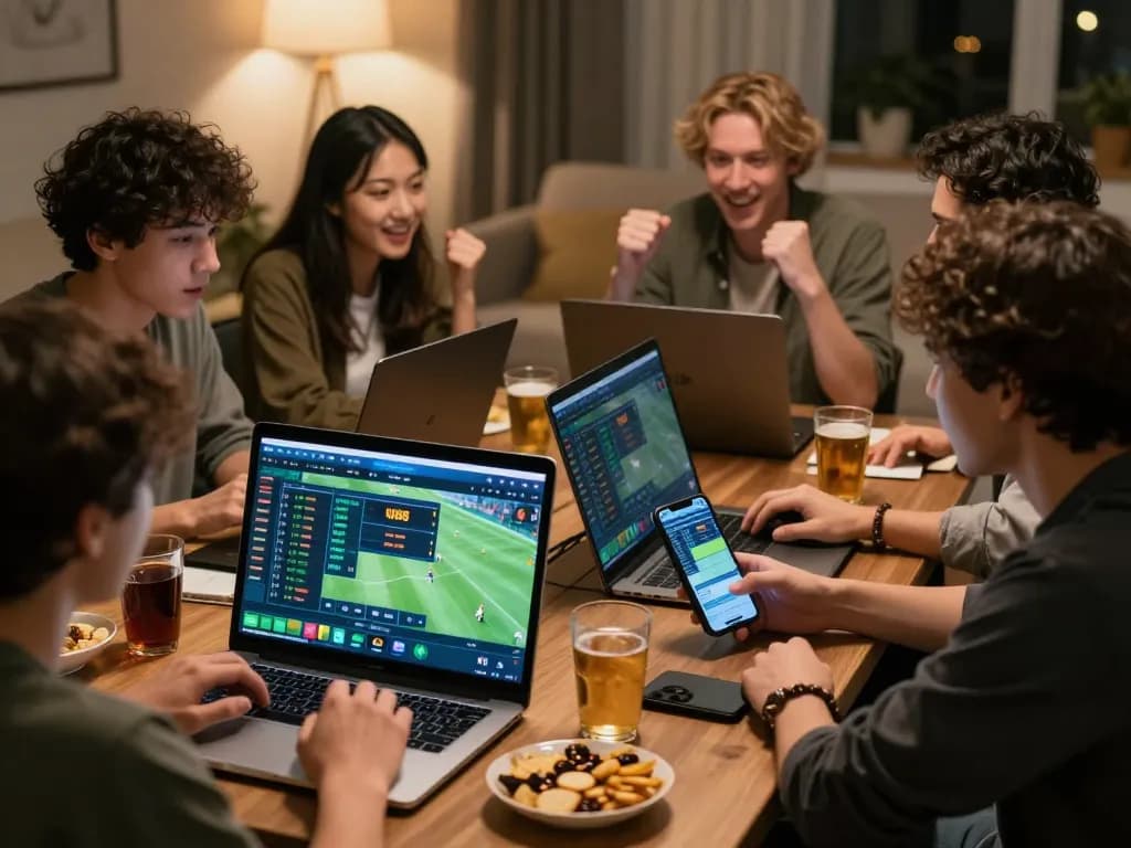 Excited players analyzing sports odds on UU88 betting platform with drinks and snacks, lively atmosphere