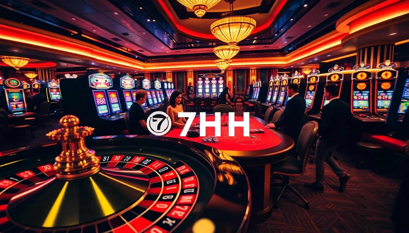 Experience the excitement of 7HH in a luxurious casino setting, with players at vibrant gaming tables.