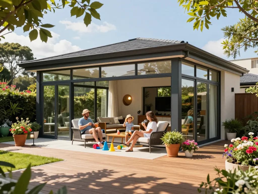 Veranda configurator showcasing a family enjoying a stylish glass veranda in a vibrant garden.