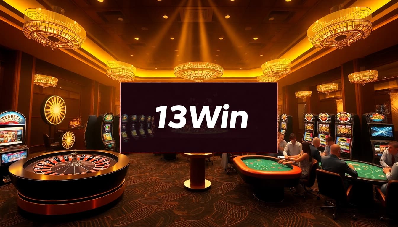 13Win offers an exciting gaming experience with poker tables and slot machines in a vibrant casino.